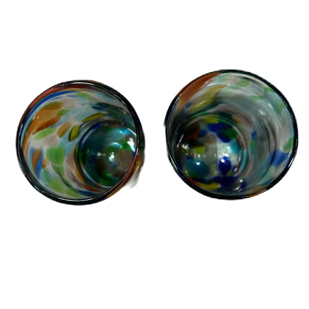 2 Crate & Barrel Mexican Hand Blown Recycled Drinking Glasses Multicolor Dot Rue
